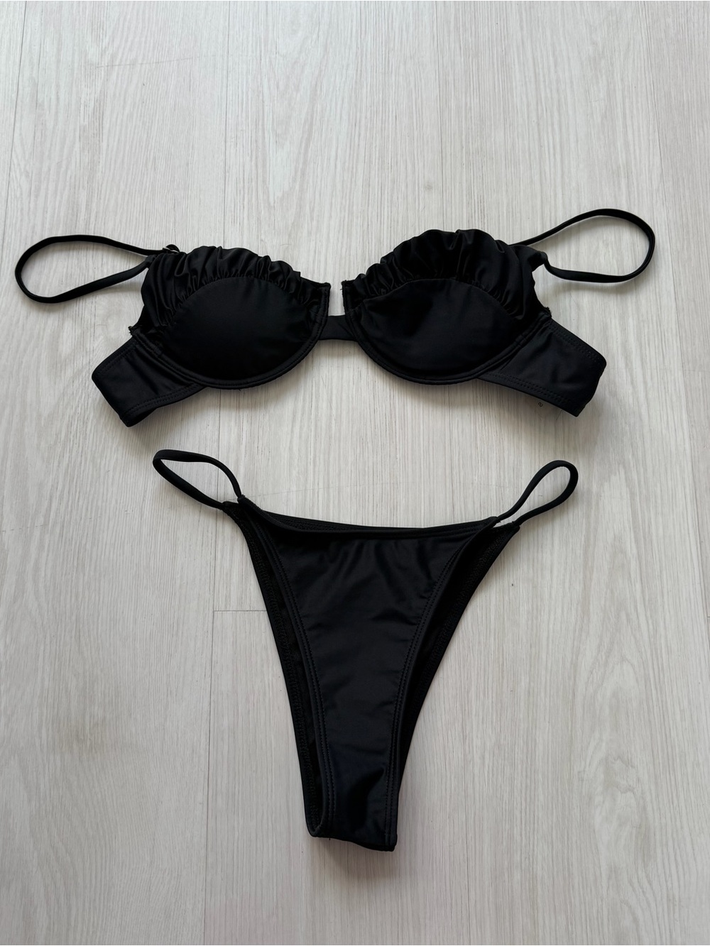Black Underwire Bikini Set Size Small Ruched Balconette Top & High Cut Bottoms